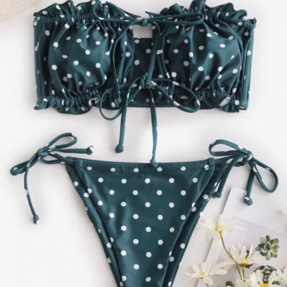 Polka Dot Side Boning Tie Tanga Bandeau Bikini Swimwear - Deep Green